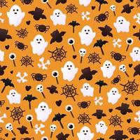 padrão de fantasma colorido para halloween com morcegos e aranhas, doces em fundo laranja, ornamentado para papel de embrulho ou papel de parede, símbolos de feriado preto, design assustador vetor