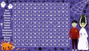 enigma colorido de halloween para pesquisar palavras com personagens fofos em fundo violeta com abóboras e fantasmas, planilha imprimível para atividade educacional interna, jogo de tema de férias vetor