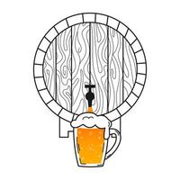 barril de madeira com cerveja e caneca de vidro og cerveja em estilo desenhado à mão isolado no fundo branco para design de cervejaria ou menu de álcool vetor