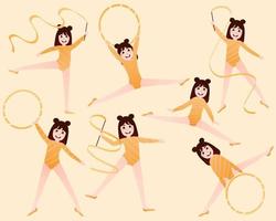 conjunto com ginástica bonitinha ou poses de treinamento de meninas bailarinas em fundo amarelo vetor