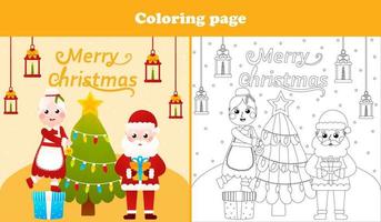 papai noel e sra. noel decorando a página de colorir da árvore de natal para livro de atividades infantis para o natal, planilha imprimível em estilo cartoon vetor