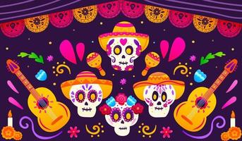 dia do banner de saudação mexicano morto com caveiras de açúcar coloridas, guitarras e sombrero, guirlanda tradicional de papel, cartão horisontal festival, elementos de flores em estilo cartoon vetor
