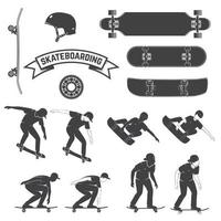 conjunto de ícone de skate e skatistas. ilustração vetorial. vetor