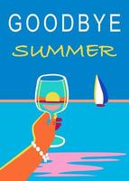 adeus ilustração vertical de verão com mão feminina segurando uma taça de champanhe contra o pôr do sol. fim do cartaz de verão ou conceito de cartão postal. marinha em coloração azul e ultravioleta. vetor