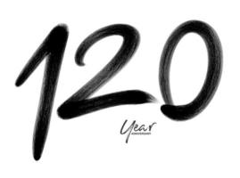 Modelo de vetor de comemoração de aniversário de 120 anos, design de logotipo de 120 números, aniversário de 120 anos, números de letras pretas desenho de pincel esboço desenhado à mão, ilustração vetorial de design de logotipo de número