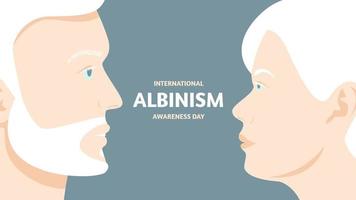 Dia Internacional da Conscientização do Albinismo. mulher e homem cabelo branco, falta de pigmento milão. banner com texto. ilustração vetorial de estoque. vetor