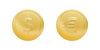 conjunto de moedas de dólar e euro de ouro isoladas no fundo branco vetor