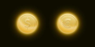 conjunto de moedas de dólar e euro de ouro com um brilho brilhante em fundo escuro vetor