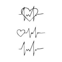cardiograma de linha e doodle desenhado à mão do coração. , escandinavo, nórdico, minimalismo, monocromático. definir ícone. saúde batimento cardíaco pulso cardiologia medicina