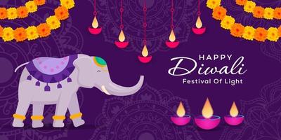 banner de ilustração do festival diwali com um elefante, flores e diya vetor