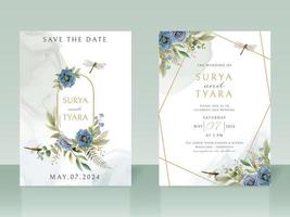 flores azuis e libélula cartão de convite de casamento desenhado à mão vetor
