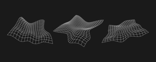 conjunto de grades distorcidas cibernéticas, elementos de design retro punk. malha de geometria de onda de wireframe em fundo preto. ilustração vetorial.