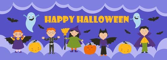 crianças em fantasias de bruxas, vampiros, morte, fantasmas, abóboras e morcegos, banner de festa de halloween. ilustração vetorial. vetor