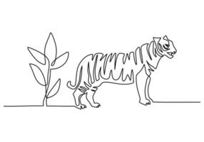 um dia de tigre de linha única contínua com grande tigre e planta vetor