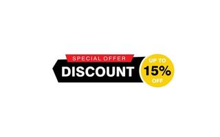 Oferta de 15% de desconto, liberação, layout de banner de promoção com crachá de adesivo. vetor