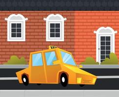 estacionamento ao longo da rua da cidade em estilo cartoon. carro de veículos na rua da cidade. carro de táxi e paisagem urbana. reserva de táxi. ilustração vetorial