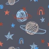 padrão fofo com planetas coloridos, estrelas no espaço. cosmos de doodle azul pastel. têxteis para bebê, scrapbook de papel, crianças. vetor