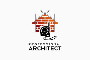 arquiteto ou design de logotipo de designer de construção, silhueta de um medidor de rolo com um ícone de casa com padrão de tijolo. ilustração vetorial moderna vetor