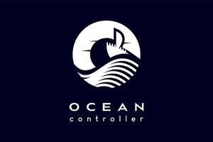 design de logotipo do oceano, ícone do oceano, sol ou lua e ícone do navio com conceito criativo em círculo. ilustração vetorial moderna vetor