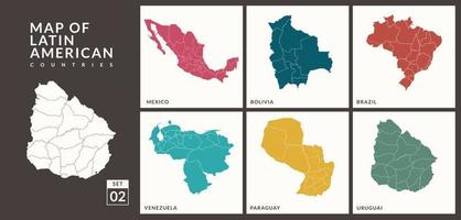 mapas de países da américa latina méxico, bolívia, brasil, venezuela, paraguai, uruguai, ilustração vetorial. vetor