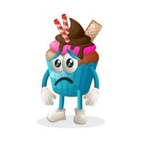 mascote de cupcake fofo com expressão triste vetor