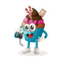 mascote de cupcake fofo atende o telefone, atendendo telefonemas vetor