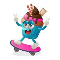 mascote de cupcake fofo jogando skate, andando de skate vetor