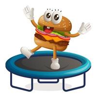 design de mascote de hambúrguer fofo jogando jogo de trampolim