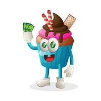 mascote de cupcake fofo segurando dinheiro vetor