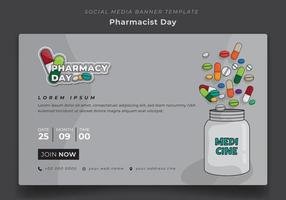 modelo de banner com medicamentos e caixa de remédios em fundo cinza para design do dia do farmacêutico vetor