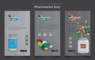 modelo de mídia social em fundo cinza com medicamentos para o design da campanha do dia mundial do farmacêutico vetor
