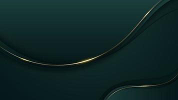 linhas de onda de cor verde de luxo 3d abstratas com decoração de linha curva dourada brilhante e iluminação de brilho em fundo escuro gradiente vetor