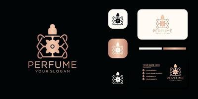 logotipo de perfume de luxo com design de garrafa e referência de modelo de cartão de visita vetor