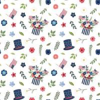 4 de julho caminhão floral patriótico com gnomos fofos, bolachas e estrelinhas padrão sem emenda. isolado no fundo branco. dia da independência americana, design temático de férias de 4 de julho. vetor