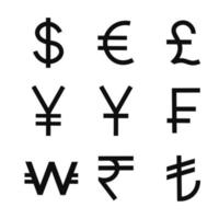 conjunto do símbolo de moeda mais popular, dólar yuan euro libra ienes rupia franco lira. ilustração vetorial vetor