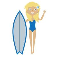 garota surfista plana de vetor com prancha de surf