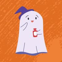 personagem fantasma de halloween com poção na mão. fantasma assustador engraçado, personagem bebê sorrindo. adorável espírito mágico para as férias de outubro. ilustração vetorial plana infantil vetor