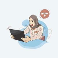 jovem muçulmana em hijab surpresa ao encontrar ilustração vetorial de loja online ilustração profissional vetor