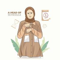 jovem muçulmana em hijab mostrando ilustração vetorial de reunião de prazo pro download vetor