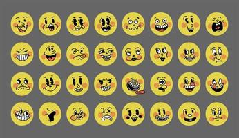 emoji retrô sorridente. os rostos dos personagens de desenhos animados do grande conjunto dos anos 30. ilustração vetorial de sorriso em quadrinhos vintage vetor