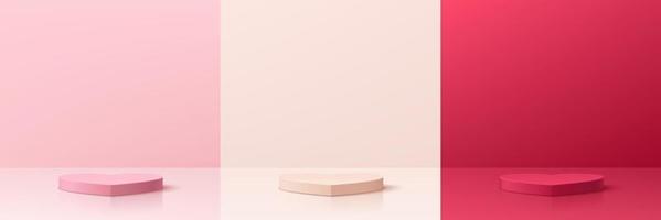 conjunto de quarto abstrato 3d rosa, creme e vermelho com forma de coração de pódio de pedestal. cena de animal pastel para apresentação de exibição de produtos dos namorados. plataforma geométrica de renderização vetorial. palco para vitrine. vetor