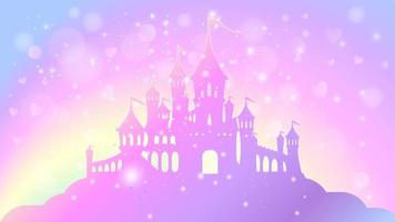 silhueta de um palácio de princesa mágica em um fundo de um céu de arco-íris. vetor