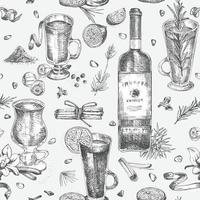 padrão perfeito com especiarias de inverno de natal desenhadas à mão, copos de bebidas de inverno tradicionalmente quentes e garrafa de vinho. boa ideia para menu de modelos, receitas, cartões. ilustração vetorial vetor