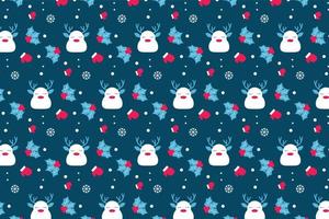 decoração de padrão de natal abstrato bonito em um fundo azul escuro. design de padrão de natal sem fim com bonecos de neve bonitos e folhas. vetor de padrão de repetição mínimo de natal para papéis de parede.