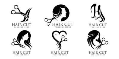 definir vetor premium de design de logotipo feminino de cabelo cortado