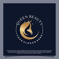 logotipo de beleza rainha com vetor premium de conceito de estilo de cabelo criativo