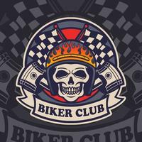 logotipo do distintivo vintage do crânio do clube de motocicleta. crânio com design de rótulo de capacete e pistão vetor