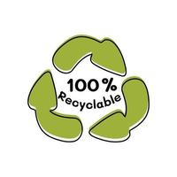 100 por cento reciclável. sinal de setas recicladas. ilustração em vetor plana.
