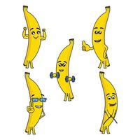 personagem de banana forte feliz sorridente bonito. ícone de ilustração de personagem de desenho animado de vetor plana kawaii. Isolado em um fundo branco. banana, estilo de vida de academia, exercício, saúde, conceito de nutrição fitness