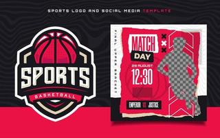 logotipo de esportes de basquete e panfleto de banner de dia de jogo para postagem de mídia social